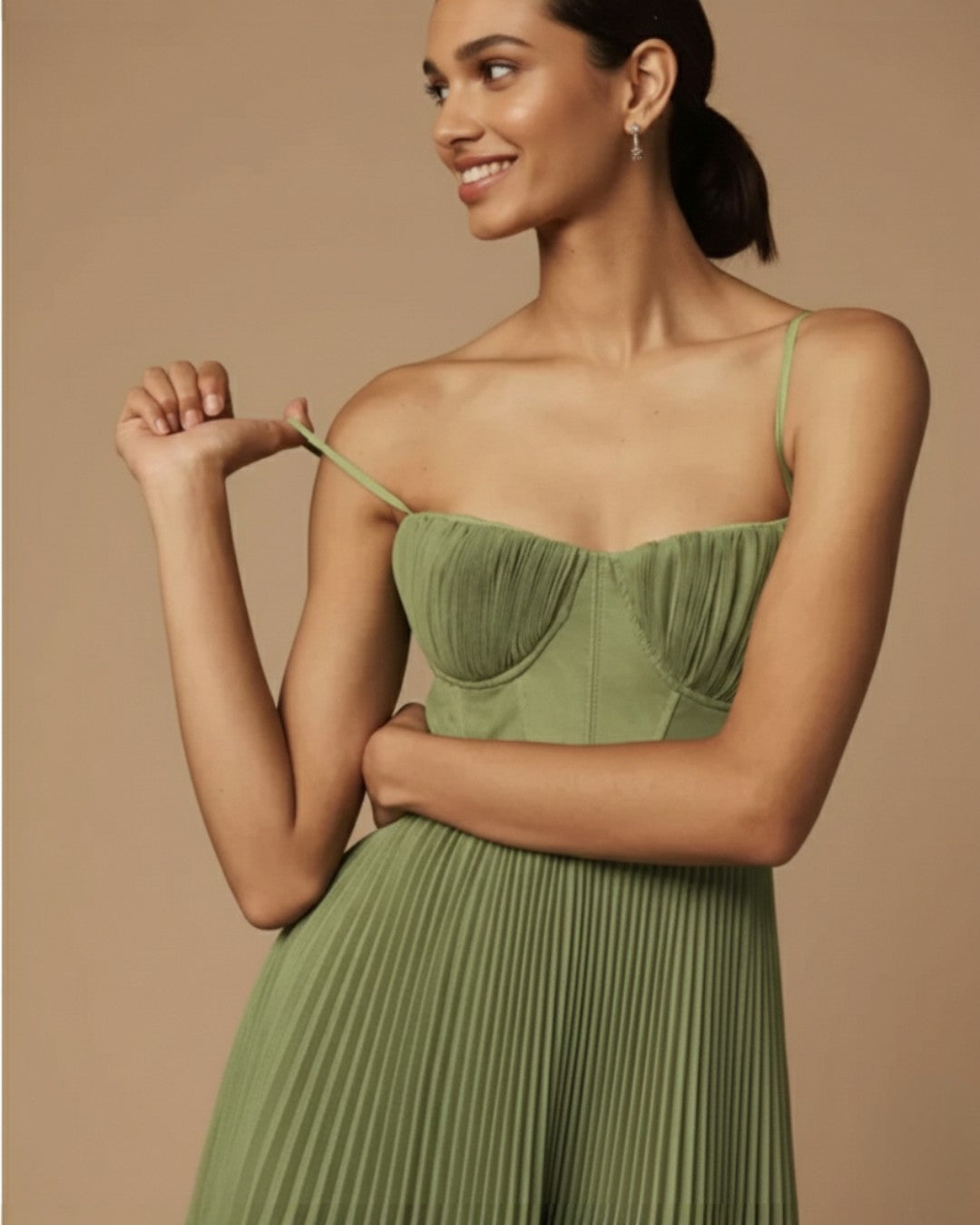 Women's Pleated Corset Midi Dress with Spaghetti Straps – Wedding Guest & Garden Party