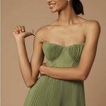 Women's Pleated Corset Midi Dress with Spaghetti Straps – Wedding Guest & Garden Party