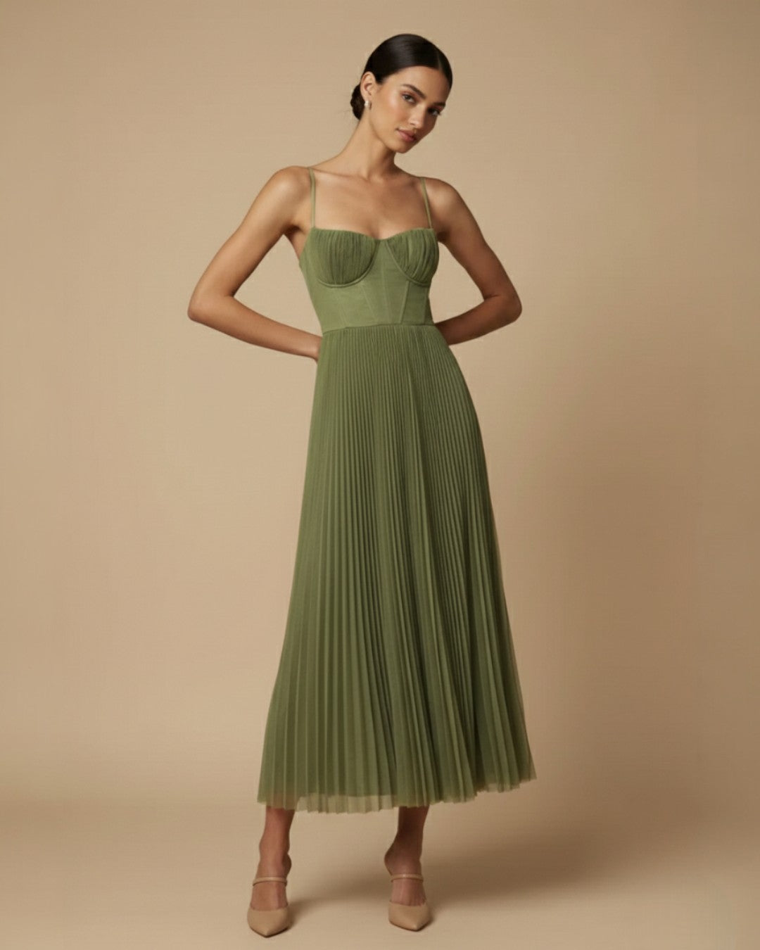 Women's Pleated Corset Midi Dress with Spaghetti Straps – Wedding Guest & Garden Party