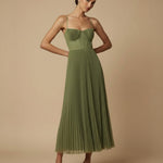 Women's Pleated Corset Midi Dress with Spaghetti Straps – Wedding Guest & Garden Party