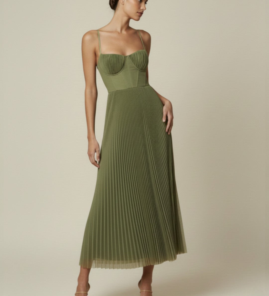 Women's Pleated Corset Midi Dress with Spaghetti Straps – Wedding Guest & Garden Party