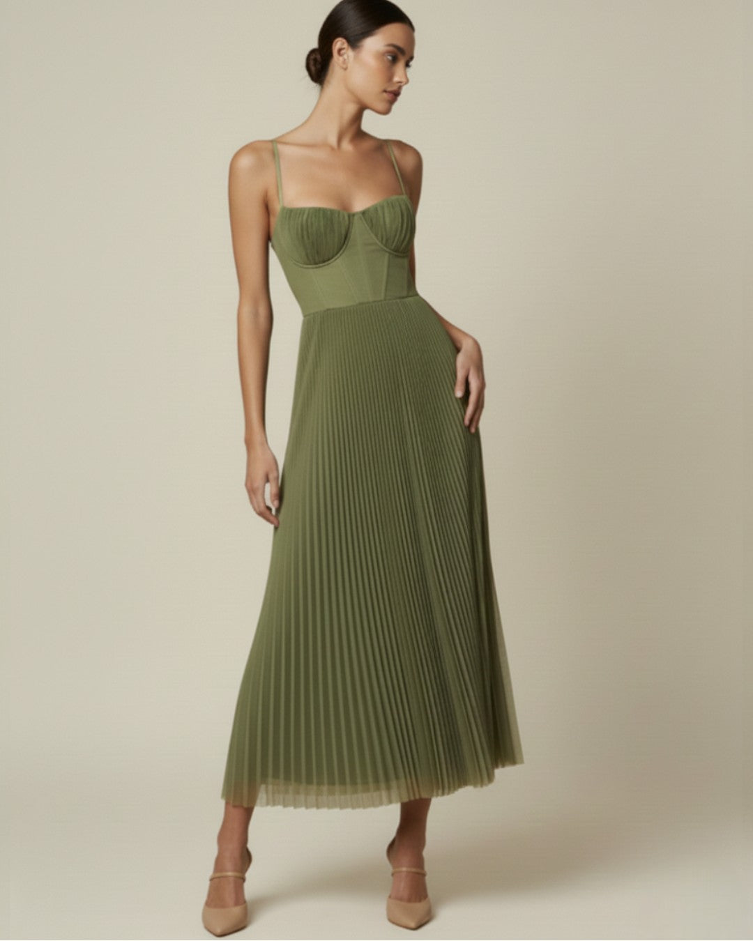 Women's Pleated Corset Midi Dress with Spaghetti Straps – Wedding Guest & Garden Party