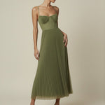 Women's Pleated Corset Midi Dress with Spaghetti Straps – Wedding Guest & Garden Party