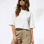 Women's Linen Blend Round Neck Top with Back Buttons – Relaxed Summer Top