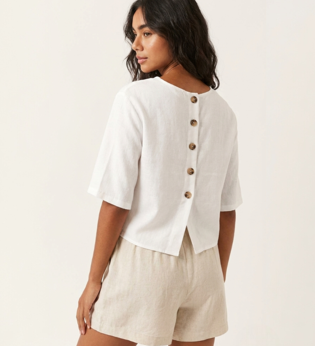 Women's Linen Blend Round Neck Top with Back Buttons – Relaxed Summer Top