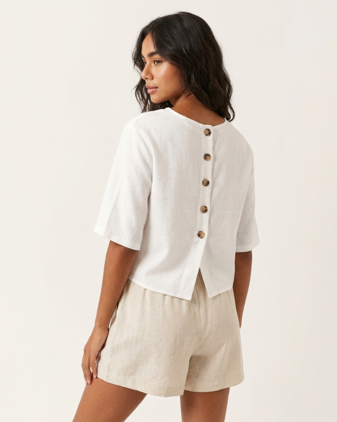 Women's Linen Blend Round Neck Top with Back Buttons – Relaxed Summer Top