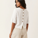 Women's Linen Blend Round Neck Top with Back Buttons – Relaxed Summer Top