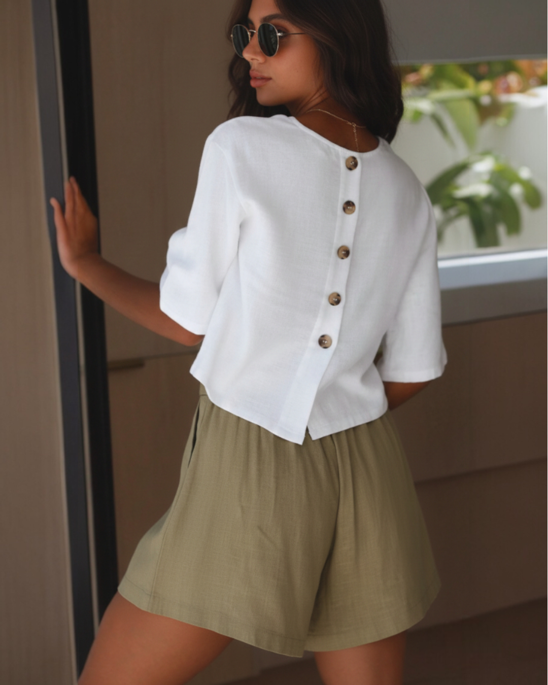 Women's Linen Blend Round Neck Top with Back Buttons – Relaxed Summer Top