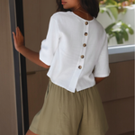 Women's Linen Blend Round Neck Top with Back Buttons – Relaxed Summer Top