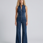 Women's Sleeveless High Neck Denim Flared Jumpsuit with Front Zip – Casual Retro Style