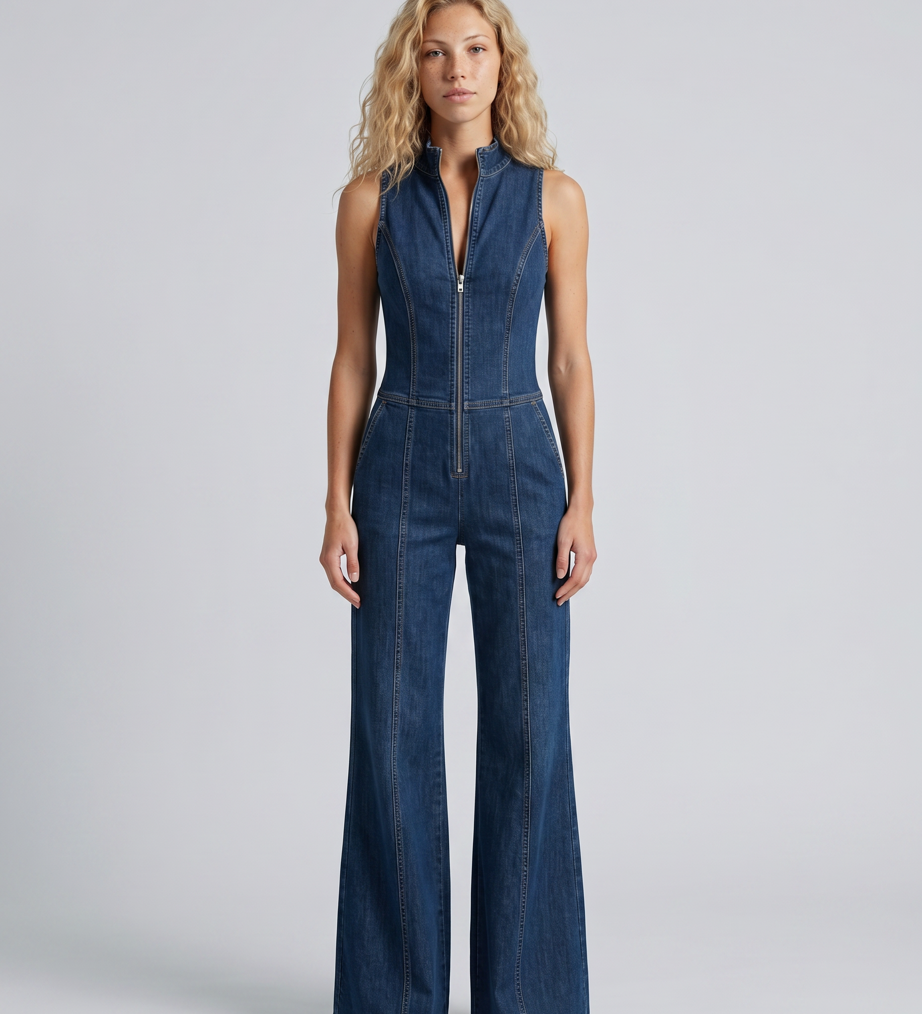 Women's Sleeveless High Neck Denim Flared Jumpsuit with Front Zip – Casual Retro Style