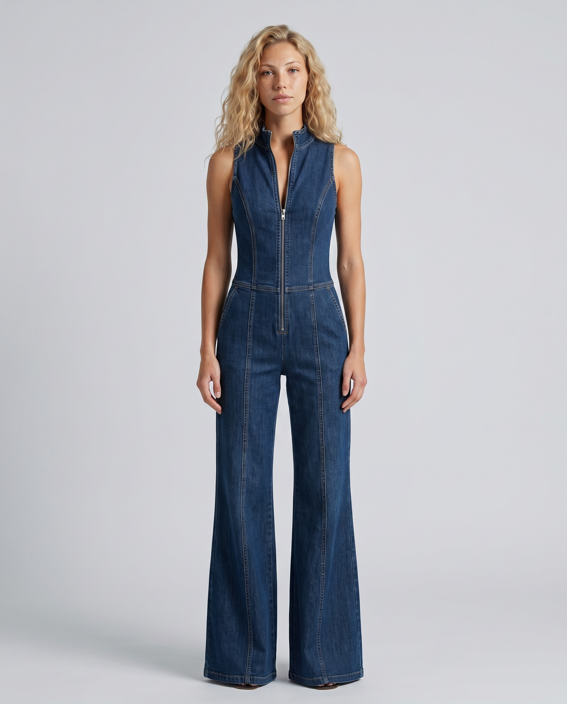Women's Sleeveless High Neck Denim Flared Jumpsuit with Front Zip – Casual Retro Style