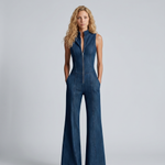 Women's Sleeveless High Neck Denim Flared Jumpsuit with Front Zip – Casual Retro Style