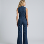 Women's Sleeveless High Neck Denim Flared Jumpsuit with Front Zip – Casual Retro Style