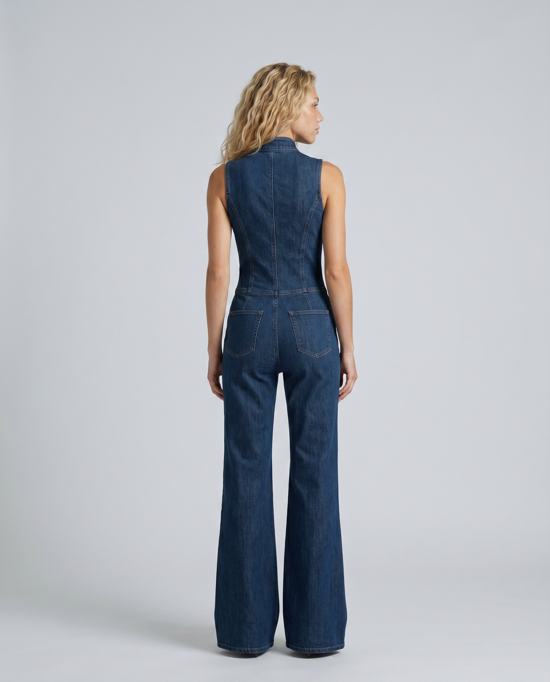 Women's Sleeveless High Neck Denim Flared Jumpsuit with Front Zip – Casual Retro Style