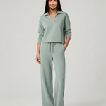 Women's Collared V-Neck Long Sleeve Top & Wide Leg Pants Set – Relaxed Two-Piece Casual Set