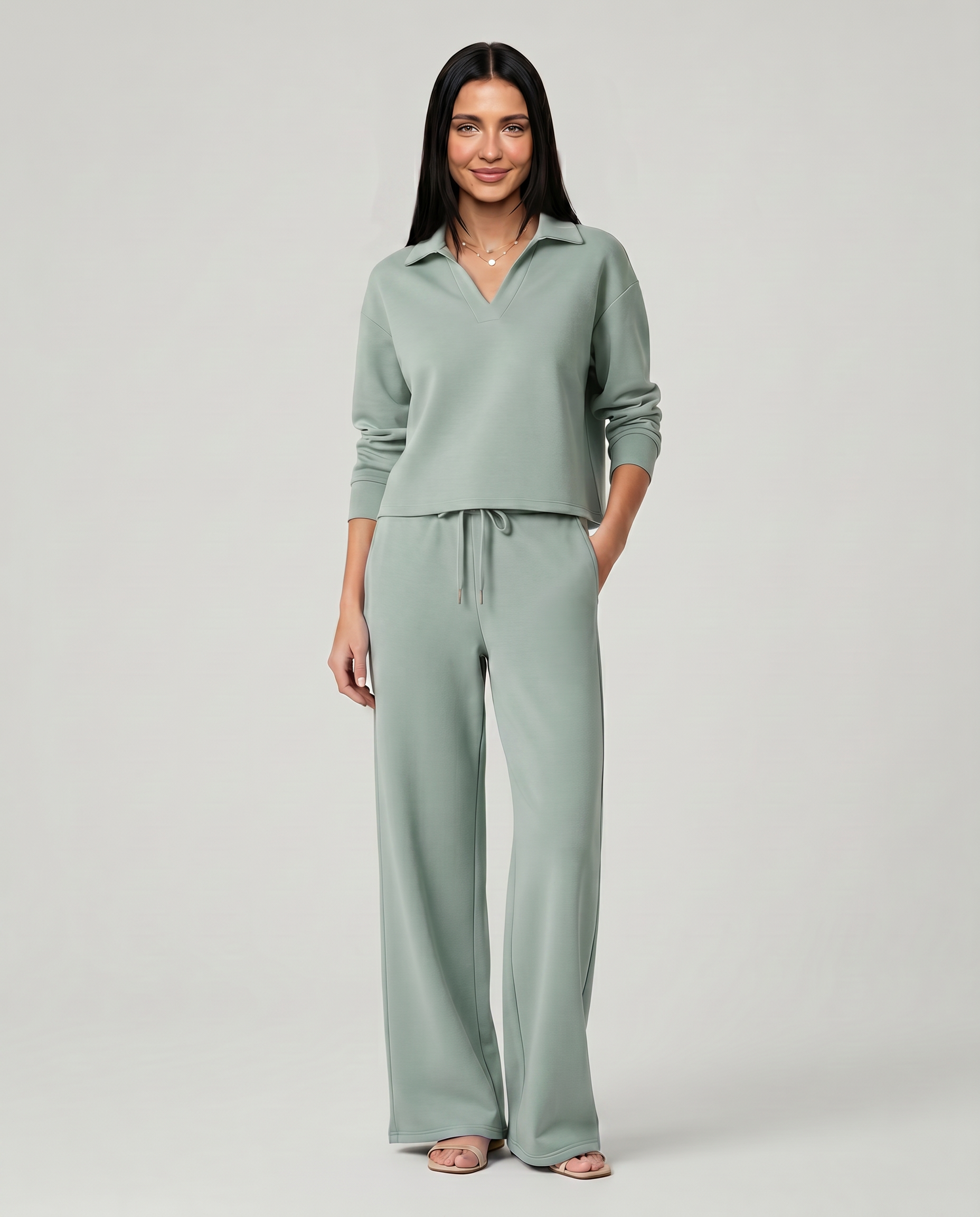 Women's Collared V-Neck Long Sleeve Top & Wide Leg Pants Set – Relaxed Two-Piece Casual Set