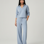 Women's Collared V-Neck Long Sleeve Top & Wide Leg Pants Set – Relaxed Two-Piece Casual Set