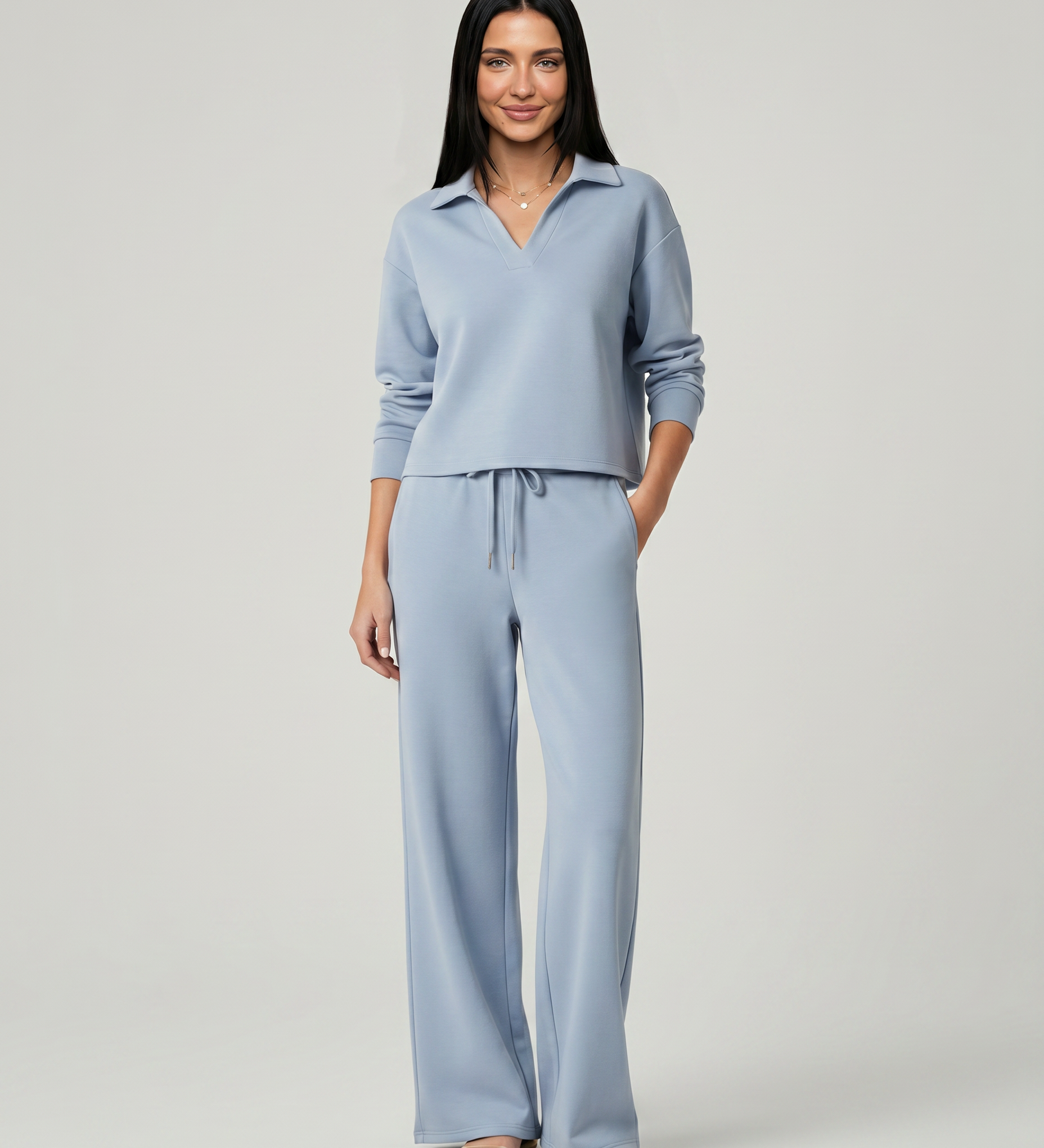 Women's Collared V-Neck Long Sleeve Top & Wide Leg Pants Set – Relaxed Two-Piece Casual Set