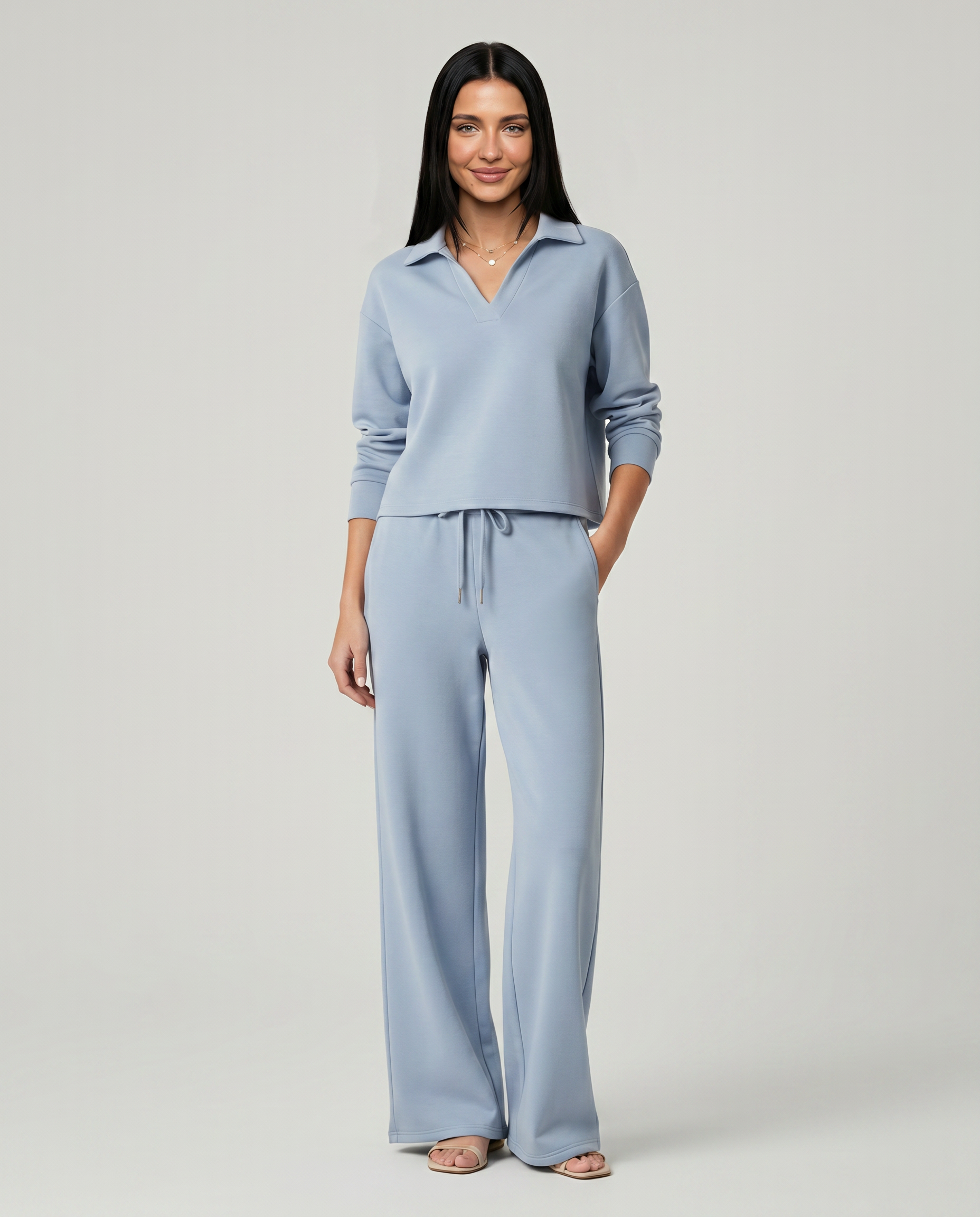 Women's Collared V-Neck Long Sleeve Top & Wide Leg Pants Set – Relaxed Two-Piece Casual Set