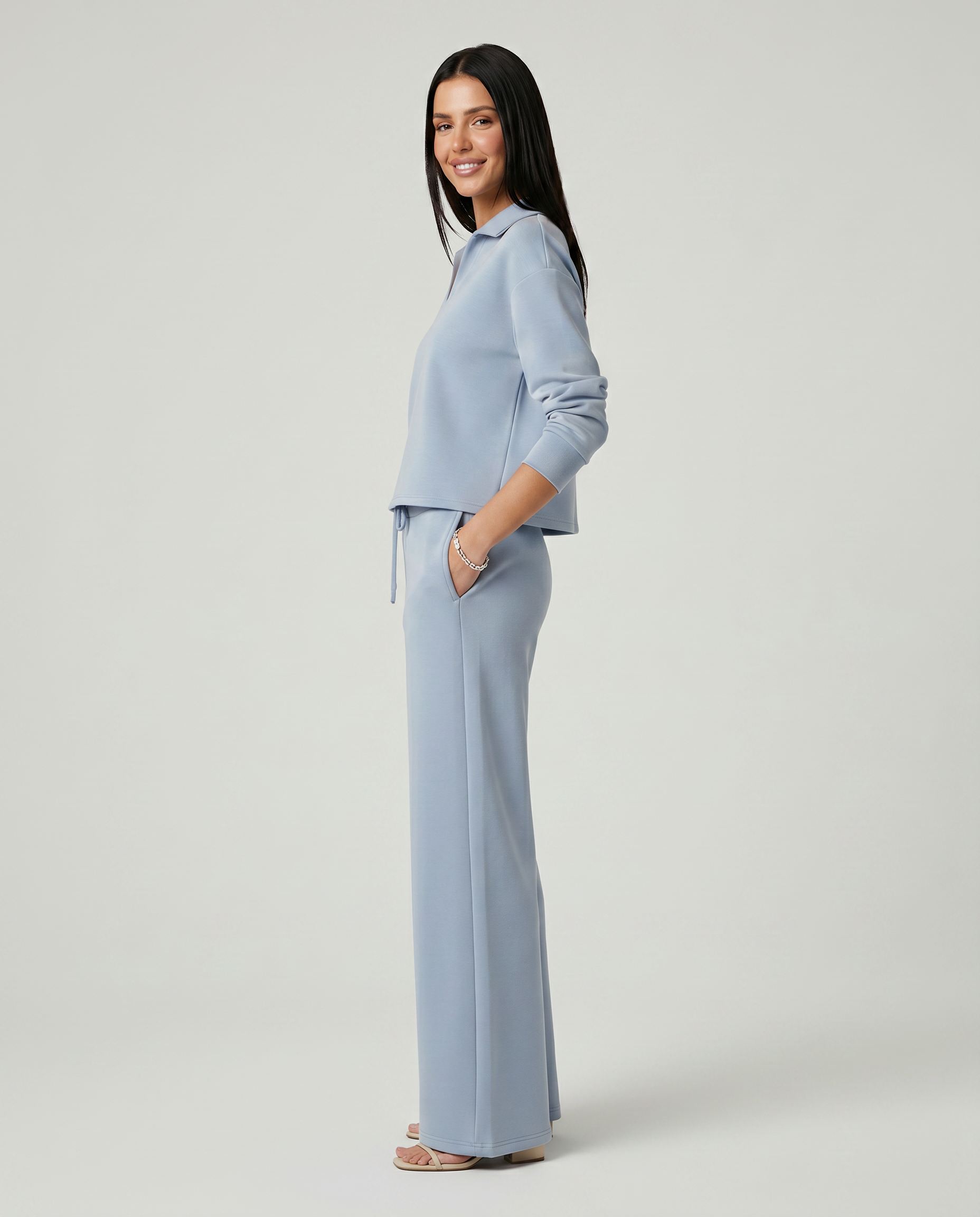 Women's Collared V-Neck Long Sleeve Top & Wide Leg Pants Set – Relaxed Two-Piece Casual Set