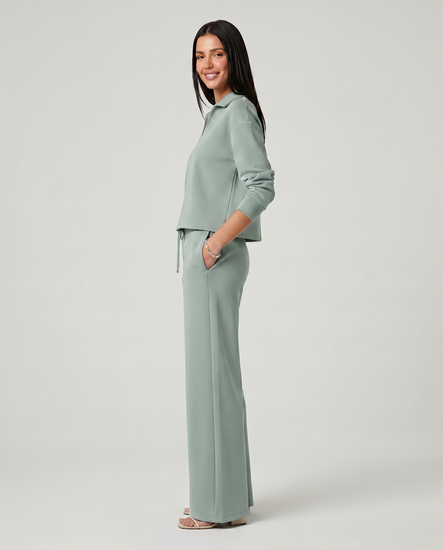 Women's Collared V-Neck Long Sleeve Top & Wide Leg Pants Set – Relaxed Two-Piece Casual Set