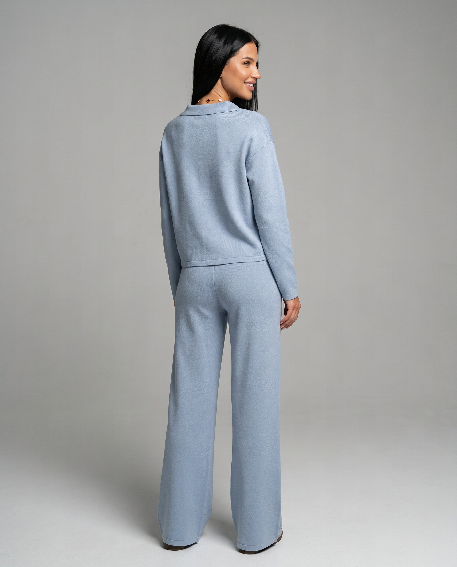 Women's Collared V-Neck Long Sleeve Top & Wide Leg Pants Set – Relaxed Two-Piece Casual Set