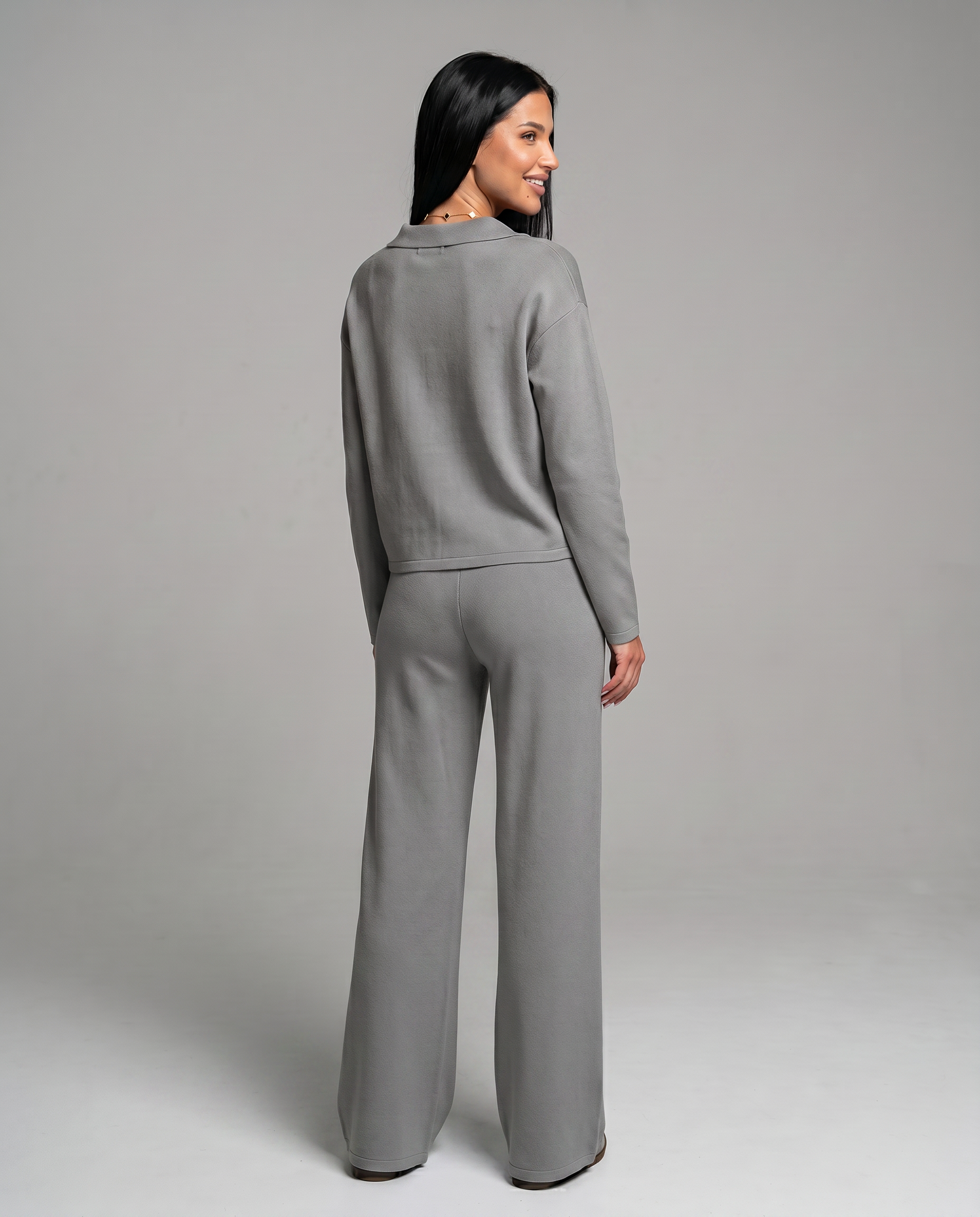 Women's Collared V-Neck Long Sleeve Top & Wide Leg Pants Set – Relaxed Two-Piece Casual Set