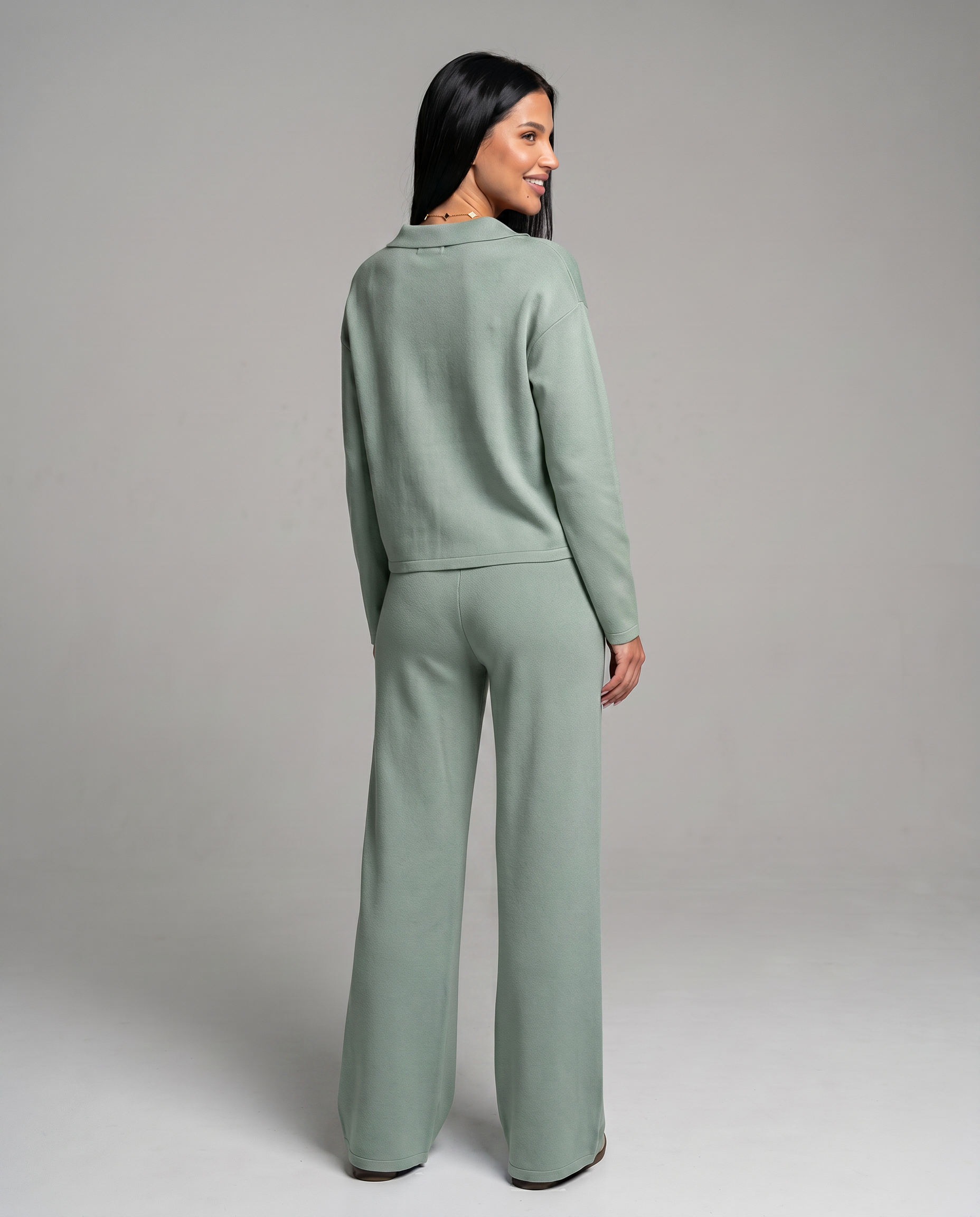 Women's Collared V-Neck Long Sleeve Top & Wide Leg Pants Set – Relaxed Two-Piece Casual Set