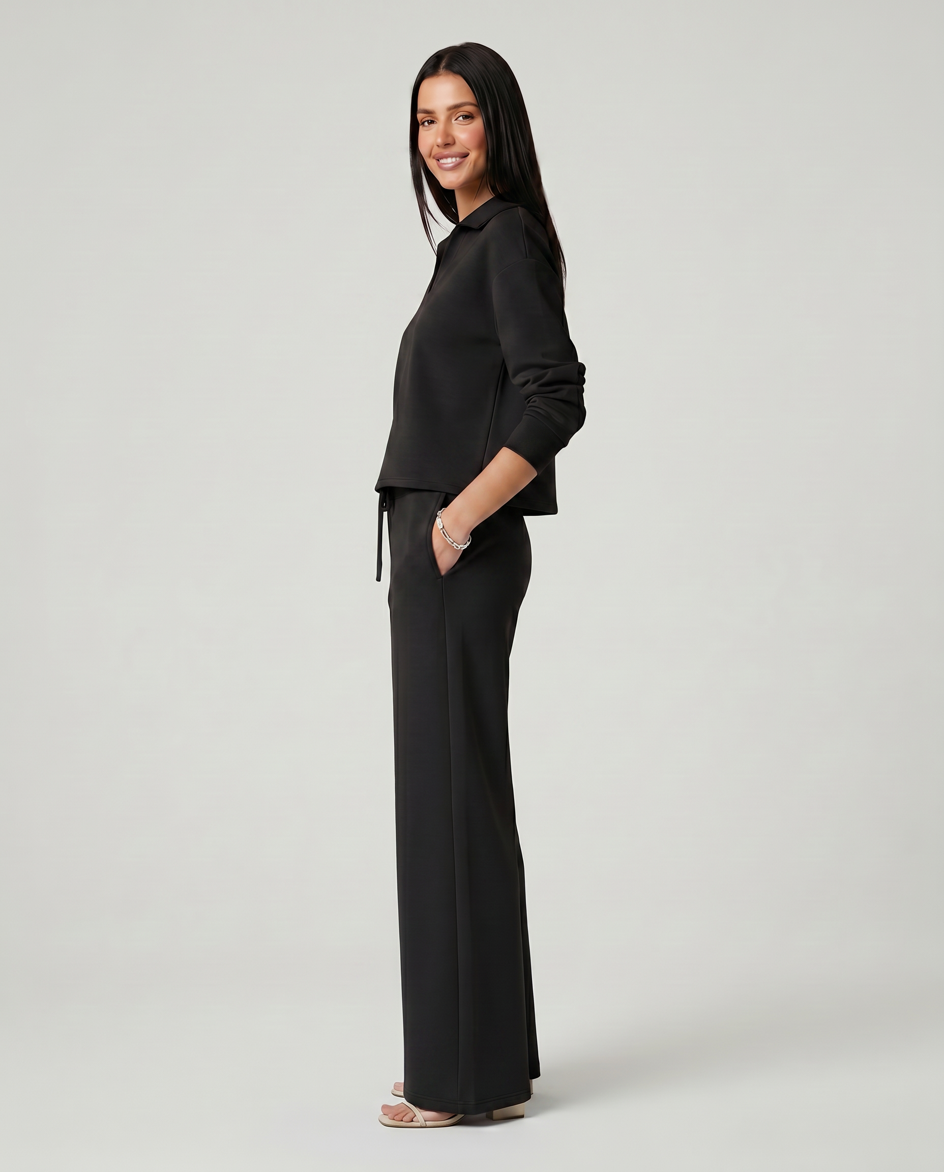 Women's Collared V-Neck Long Sleeve Top & Wide Leg Pants Set – Relaxed Two-Piece Casual Set