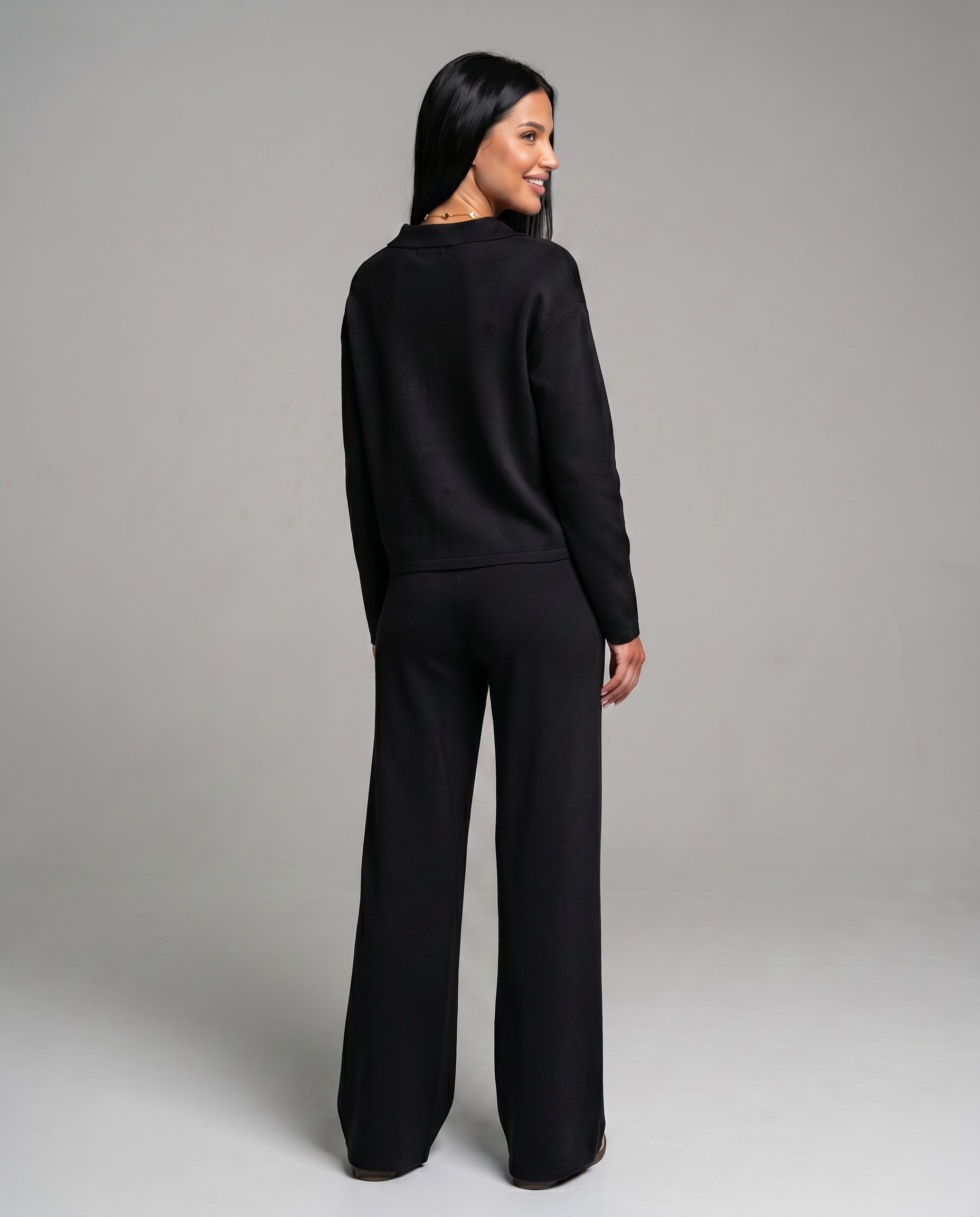Women's Collared V-Neck Long Sleeve Top & Wide Leg Pants Set – Relaxed Two-Piece Casual Set