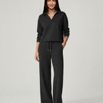 Women's Collared V-Neck Long Sleeve Top & Wide Leg Pants Set – Relaxed Two-Piece Casual Set