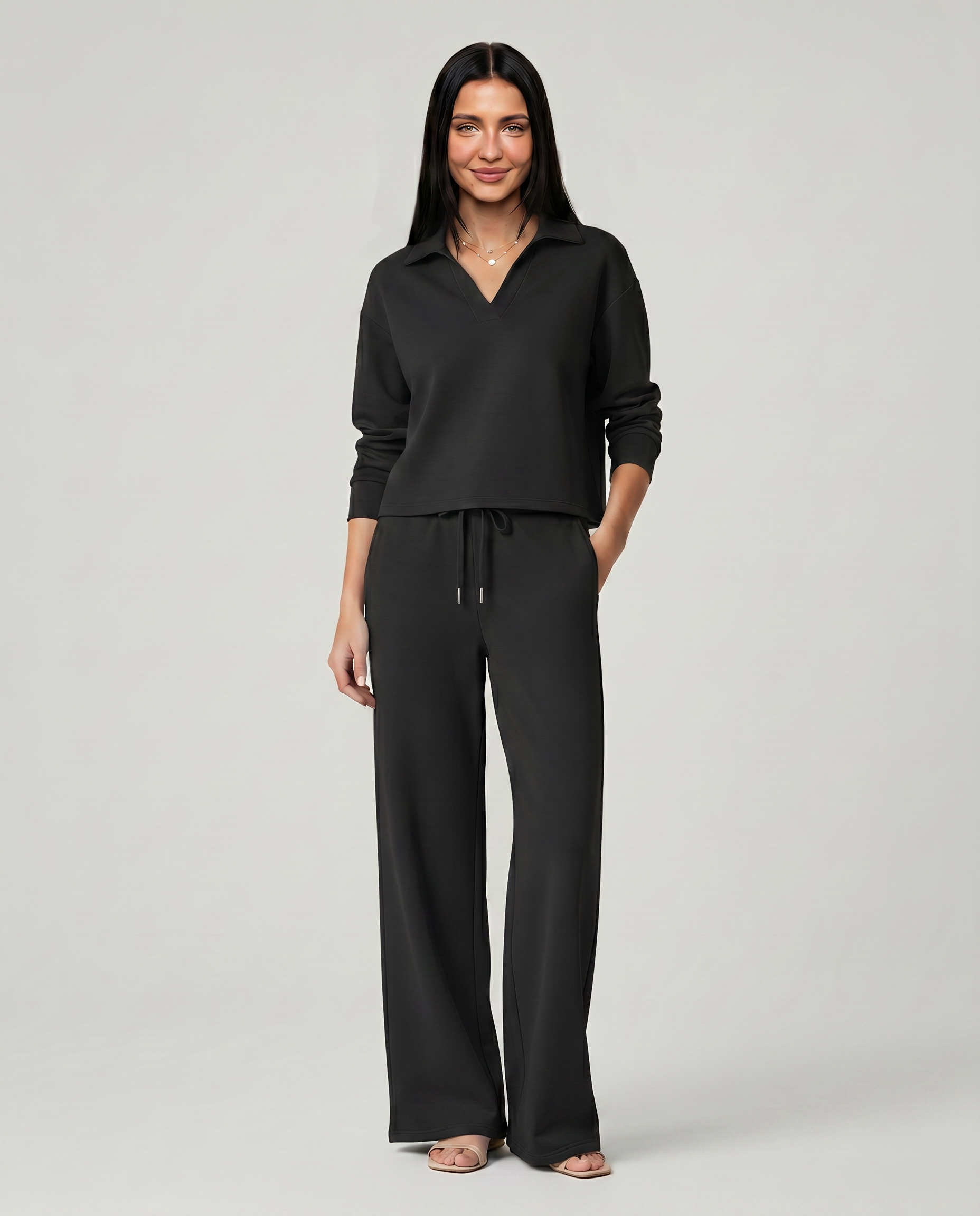 Women's Collared V-Neck Long Sleeve Top & Wide Leg Pants Set – Relaxed Two-Piece Casual Set