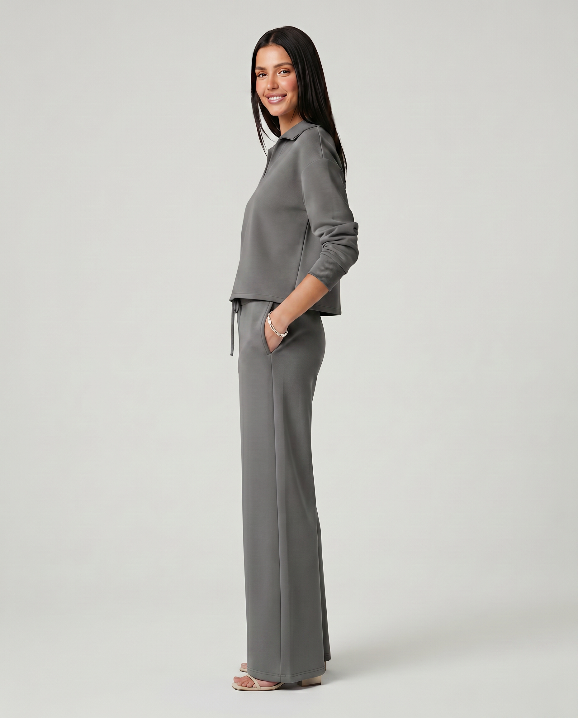 Women's Collared V-Neck Long Sleeve Top & Wide Leg Pants Set – Relaxed Two-Piece Casual Set