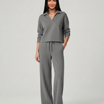 Women's Collared V-Neck Long Sleeve Top & Wide Leg Pants Set – Relaxed Two-Piece Casual Set