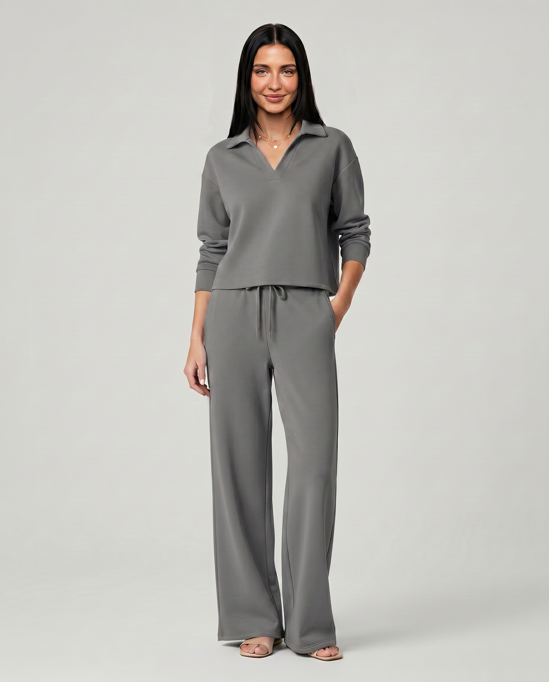 Women's Collared V-Neck Long Sleeve Top & Wide Leg Pants Set – Relaxed Two-Piece Casual Set