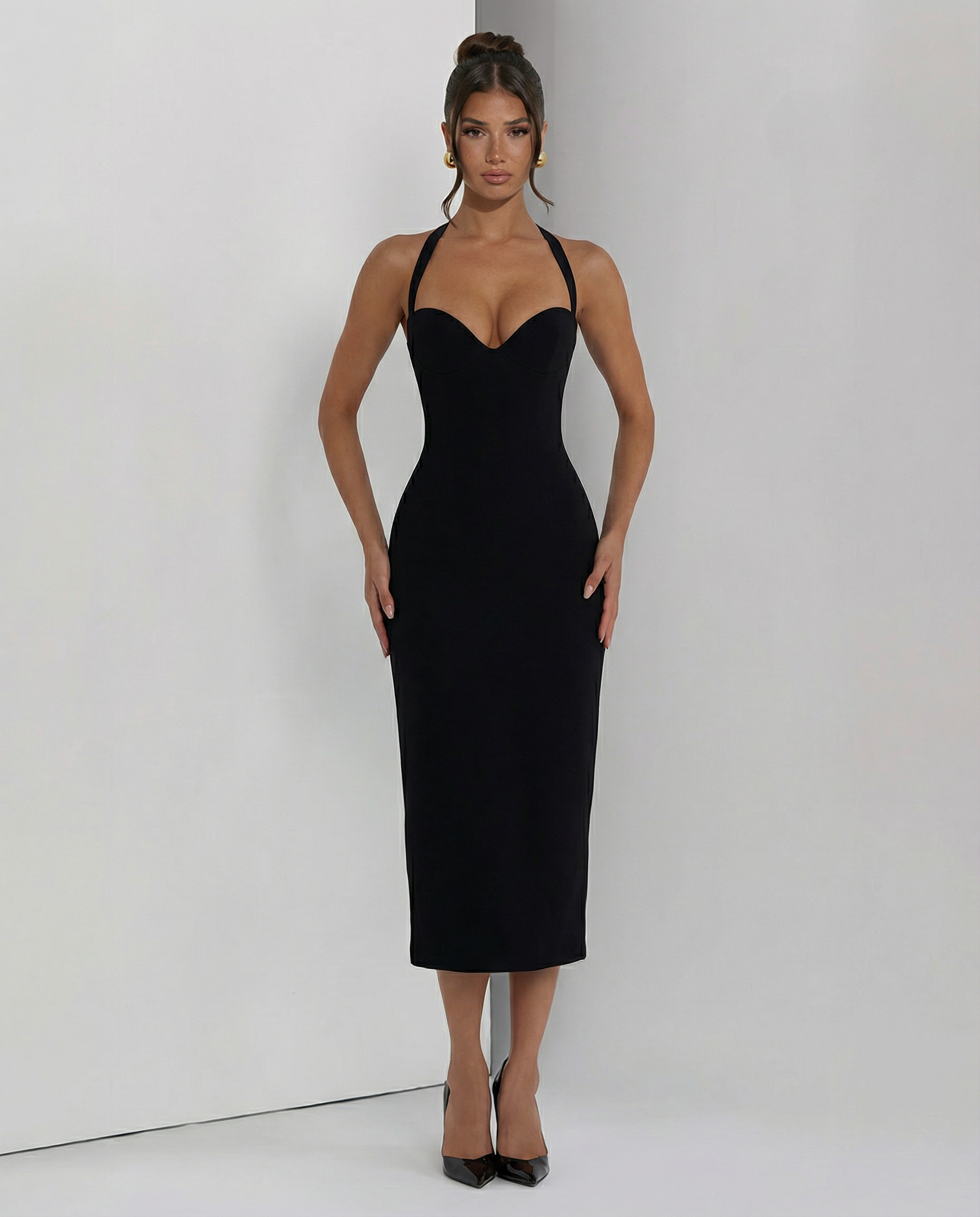 Women's Halter Lace Corset Midi Dress with Lace-Up Back – Fitted Evening & Occasion Dress