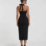 Women's Halter Lace Corset Midi Dress with Lace-Up Back – Fitted Evening & Occasion Dress