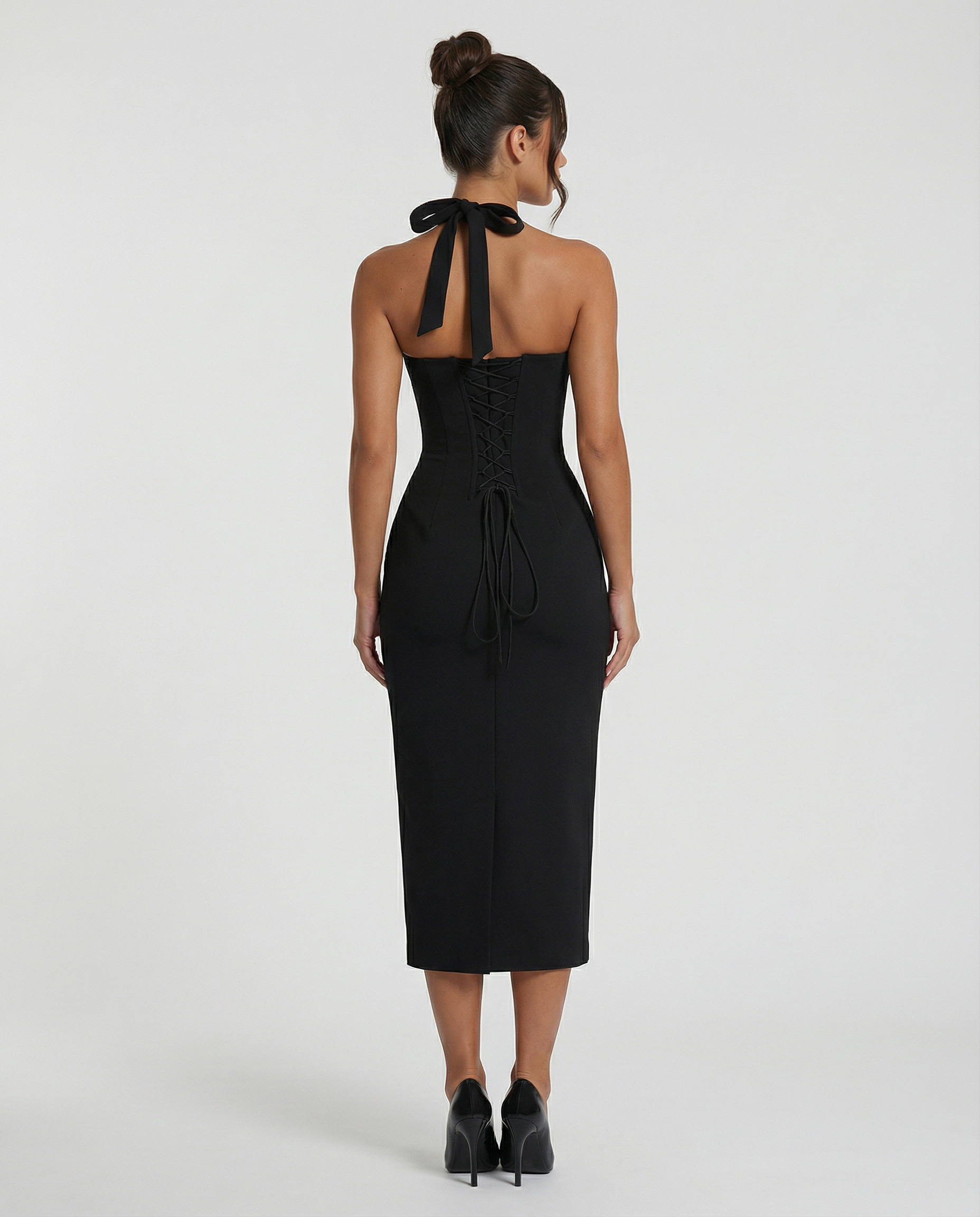 Women's Halter Lace Corset Midi Dress with Lace-Up Back – Fitted Evening & Occasion Dress