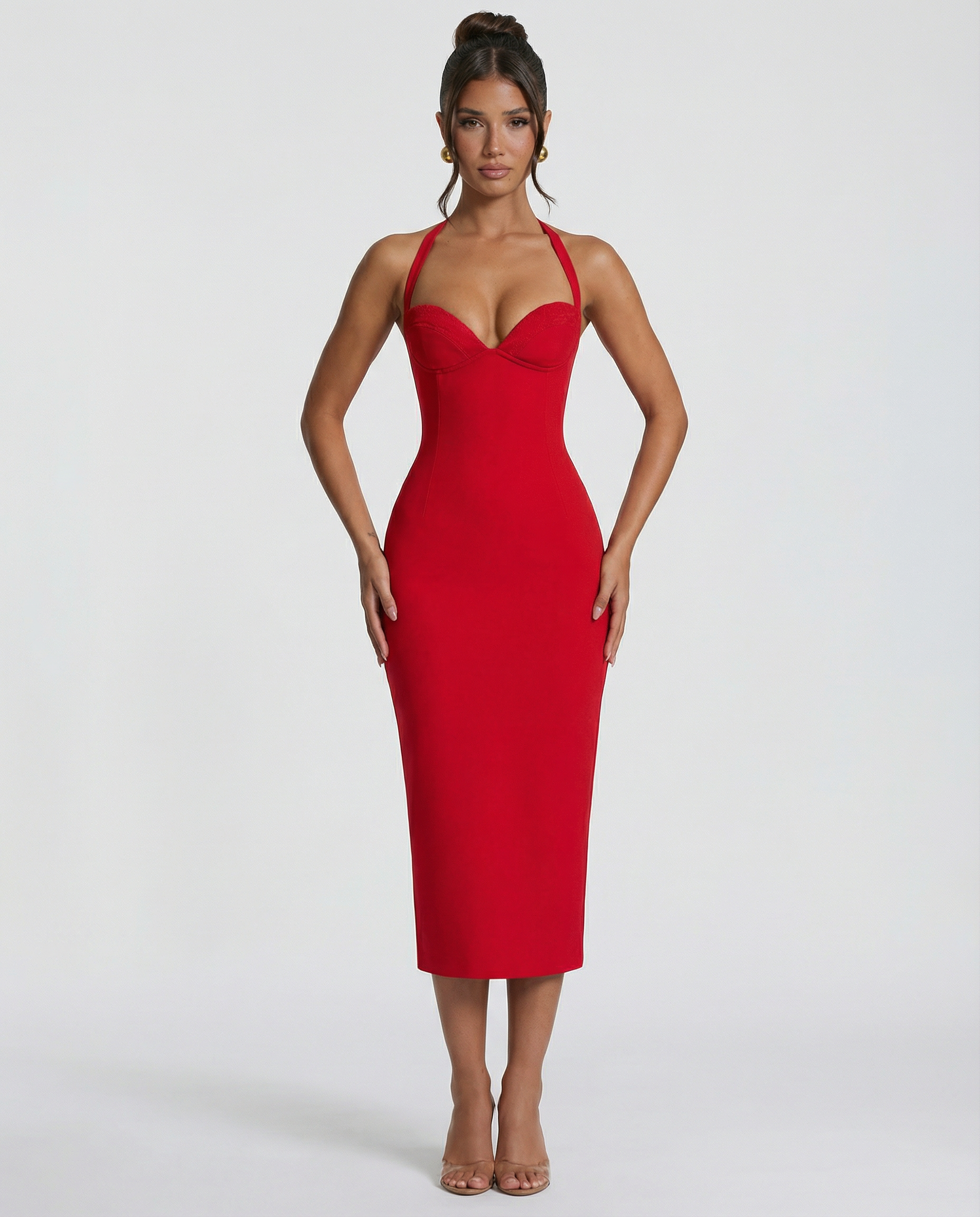 Women's Halter Lace Corset Midi Dress with Lace-Up Back – Fitted Evening & Occasion Dress