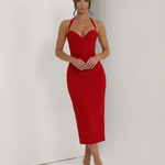 Women's Halter Lace Corset Midi Dress with Lace-Up Back – Fitted Evening & Occasion Dress