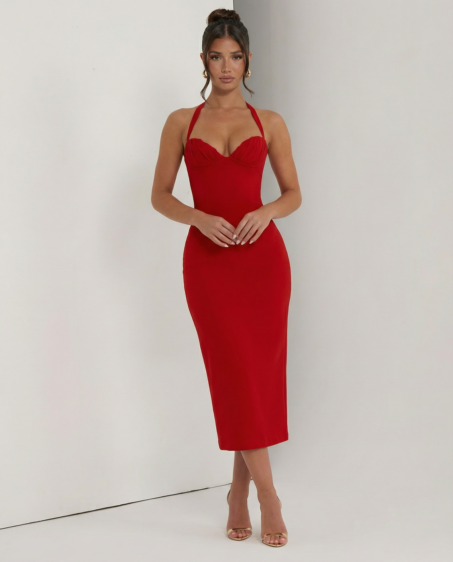 Women's Halter Lace Corset Midi Dress with Lace-Up Back – Fitted Evening & Occasion Dress