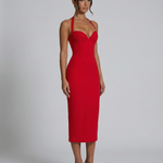 Women's Halter Lace Corset Midi Dress with Lace-Up Back – Fitted Evening & Occasion Dress