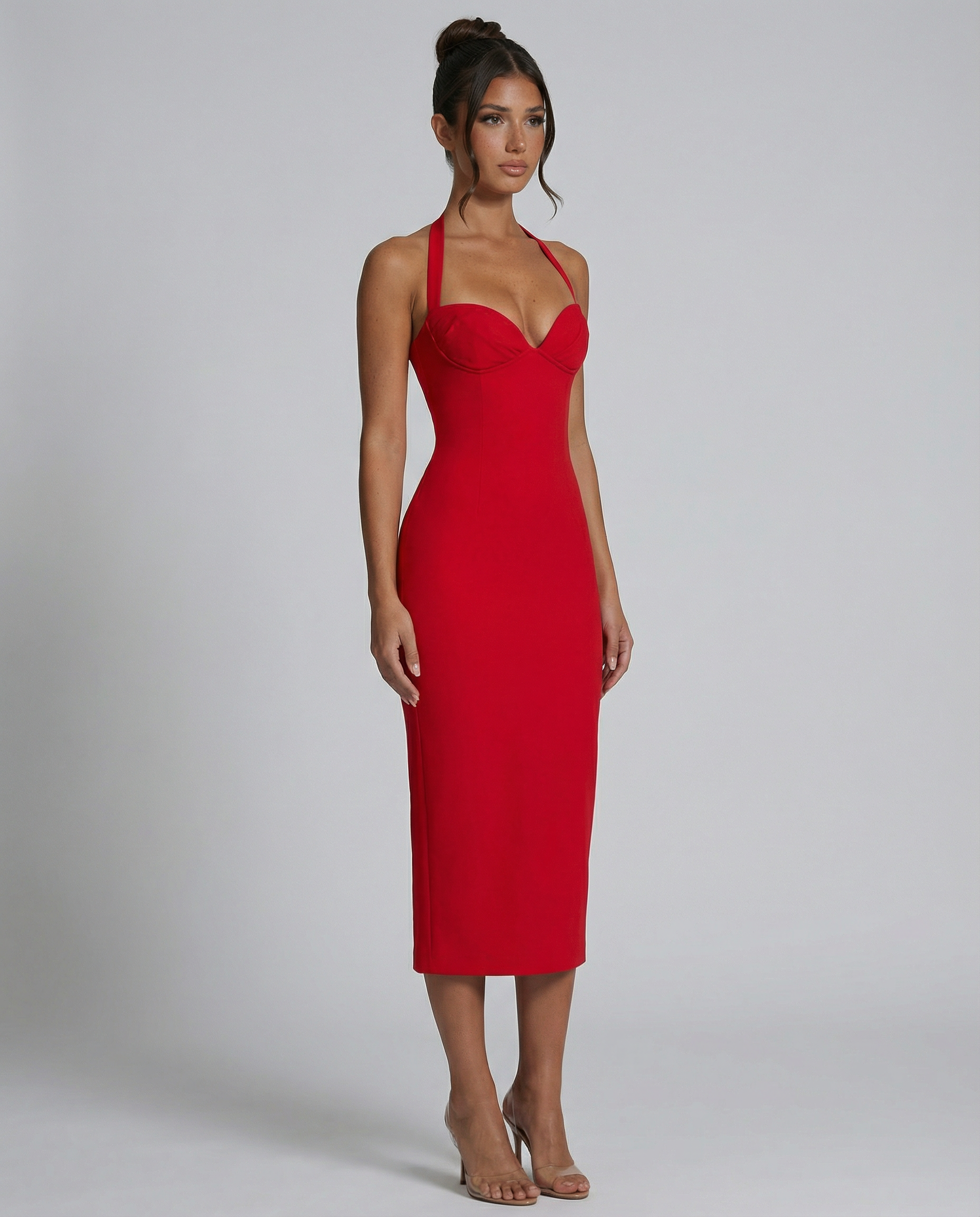 Women's Halter Lace Corset Midi Dress with Lace-Up Back – Fitted Evening & Occasion Dress