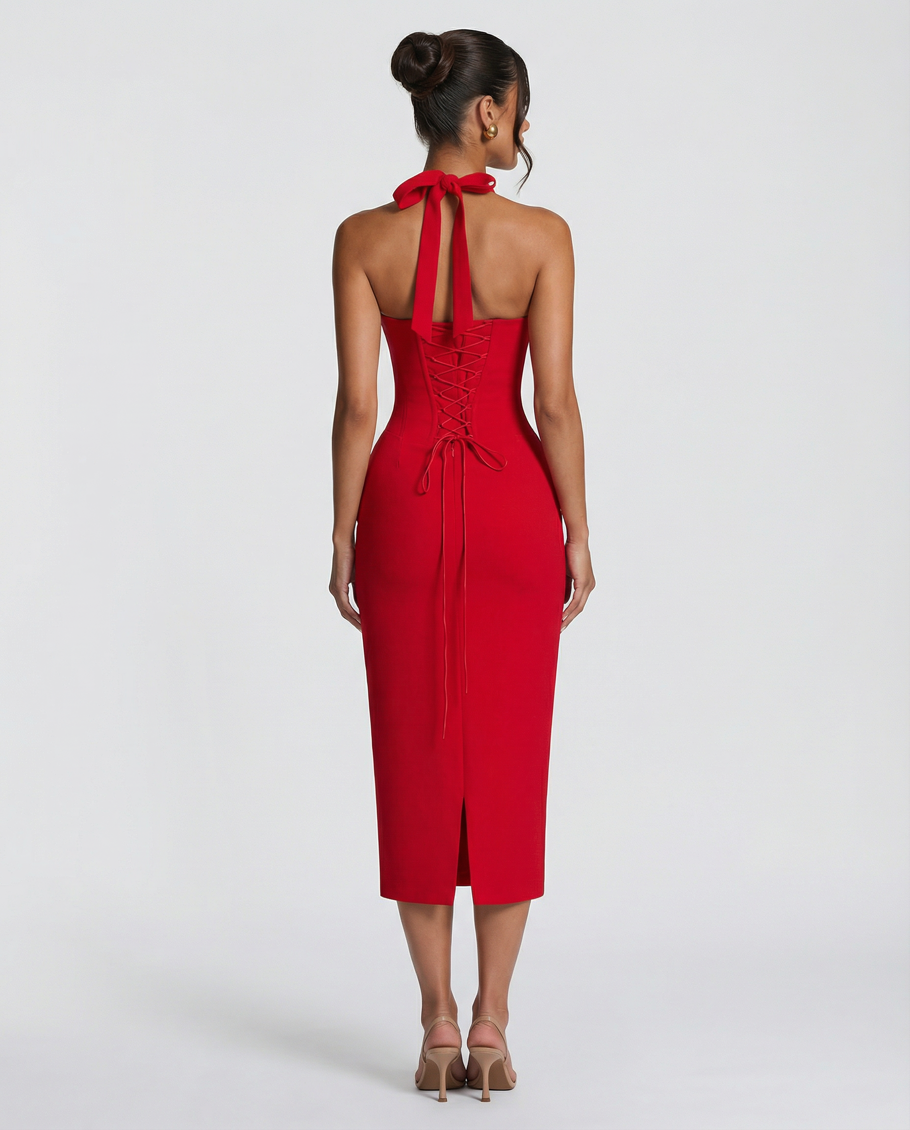 Women's Halter Lace Corset Midi Dress with Lace-Up Back – Fitted Evening & Occasion Dress