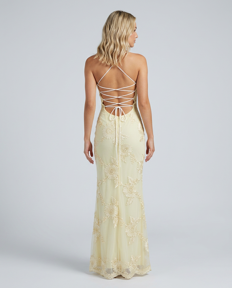 Women's Sweetheart Neck Corset Maxi Dress with Floral Appliqué & Lace-Up Back – Formal
