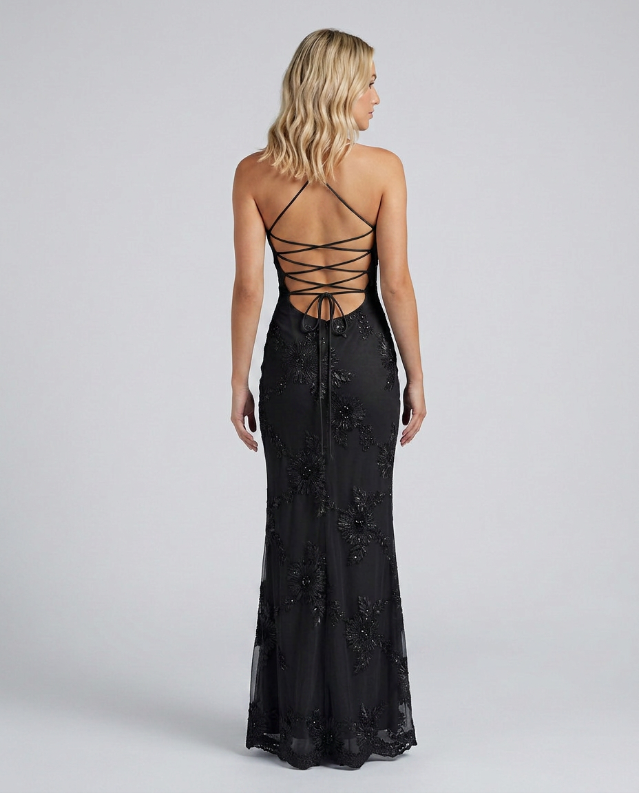 Women's Sweetheart Neck Corset Maxi Dress with Floral Appliqué & Lace-Up Back – Formal