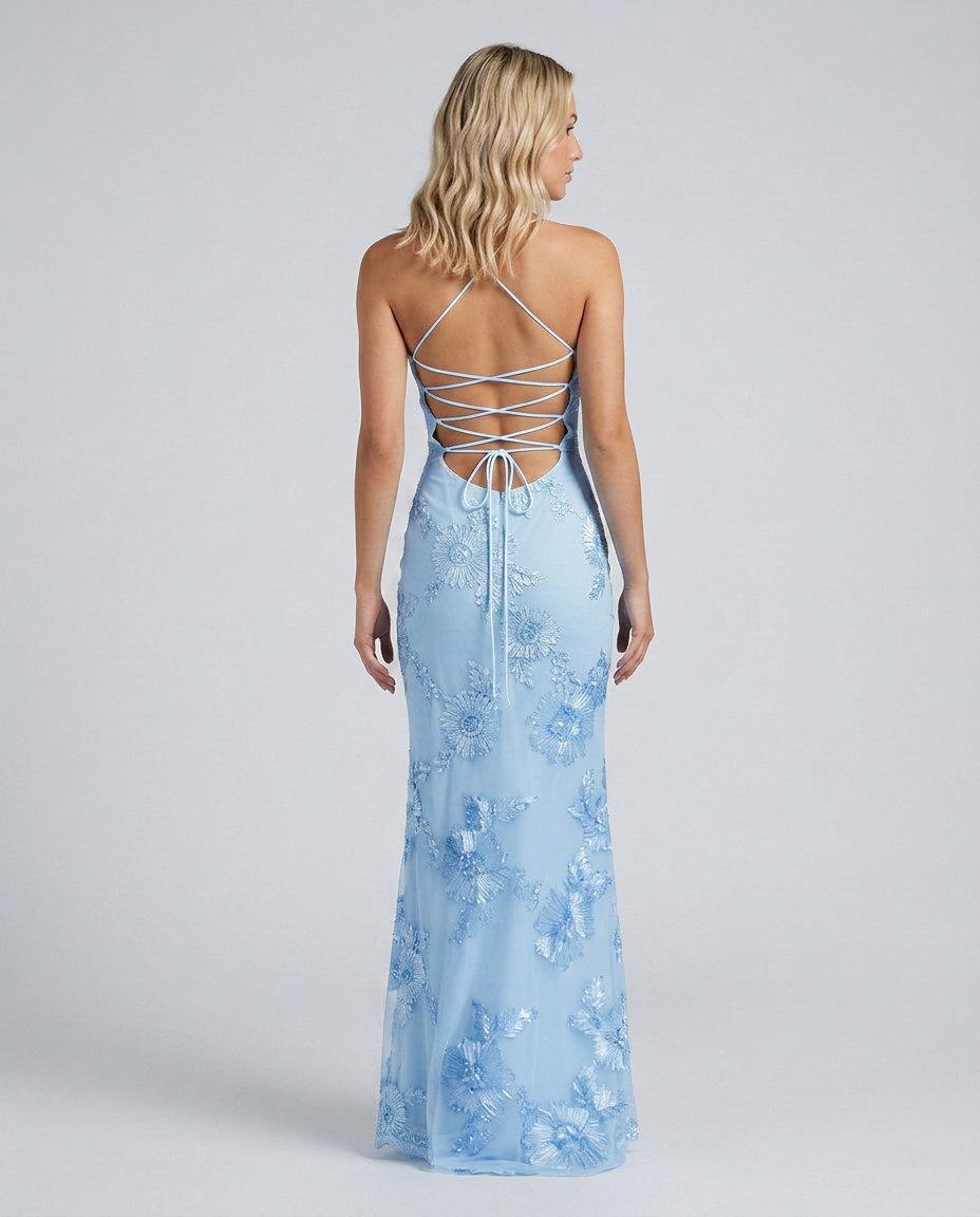 Women's Sweetheart Neck Corset Maxi Dress with Floral Appliqué & Lace-Up Back – Formal