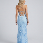 Women's Sweetheart Neck Corset Maxi Dress with Floral Appliqué & Lace-Up Back – Formal