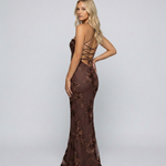 Women's Sweetheart Neck Corset Maxi Dress with Floral Appliqué & Lace-Up Back – Formal